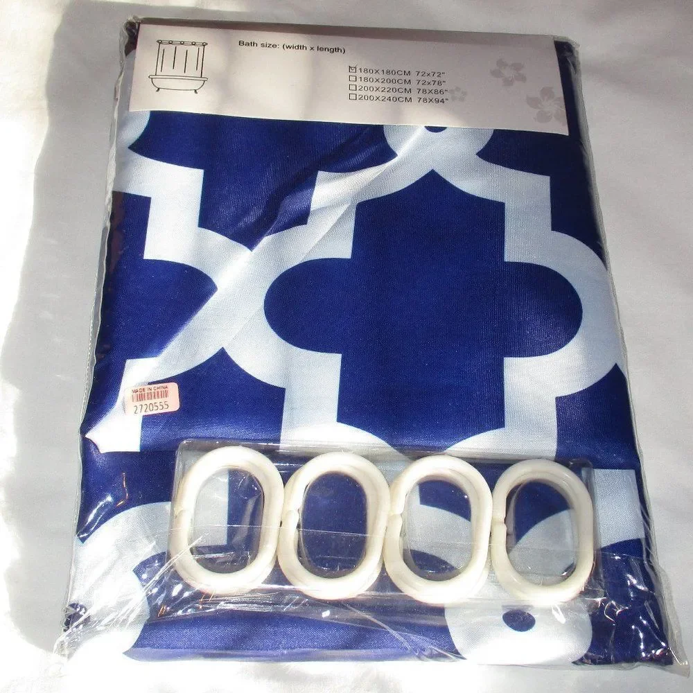 Waterproof Bathroom Shower Curtain w Hooks Set Polyester Moroccan Blue 72 X 72